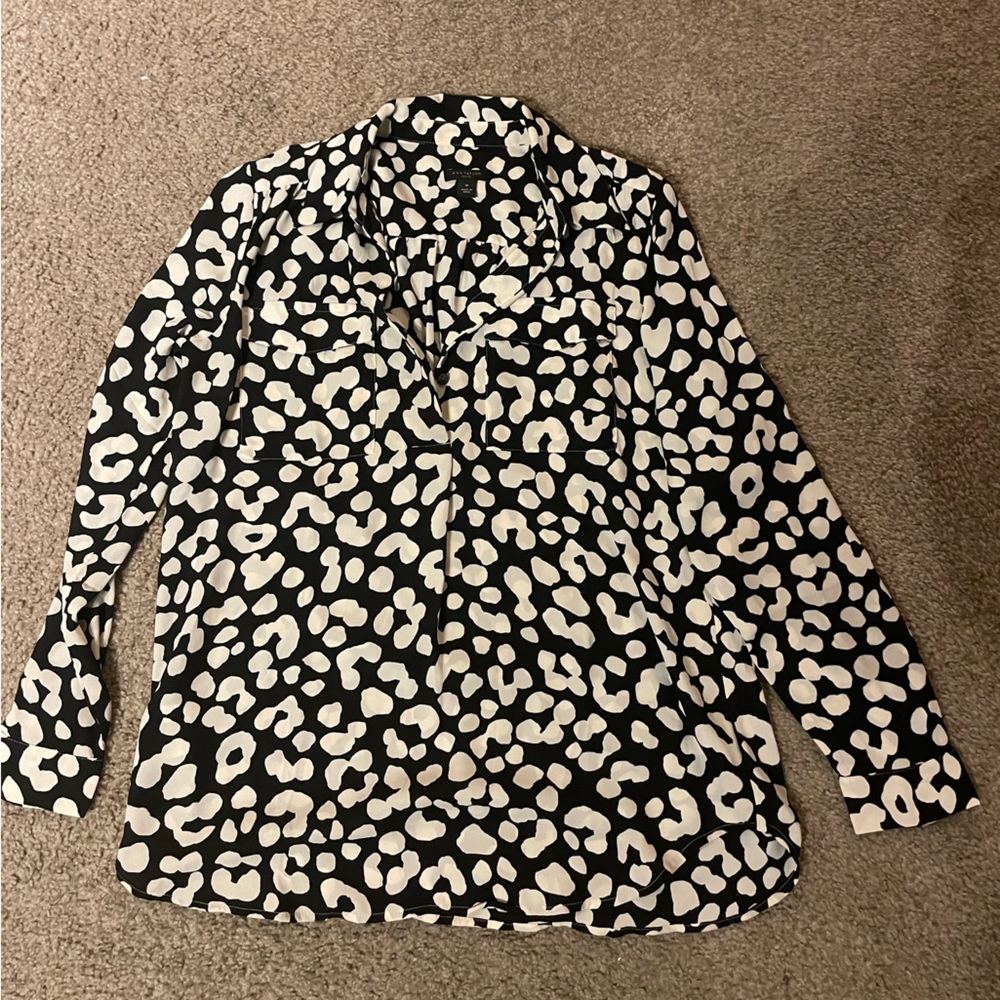 Black and white, animal print, quarter-button down shirt. Worn once!